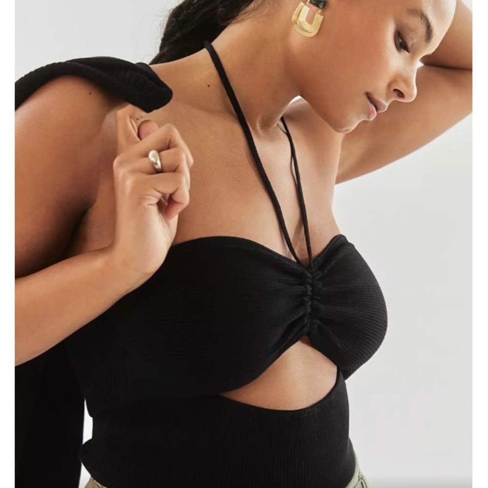 MAEVE Ribbed Cutout Shrug Strapless Black Top
